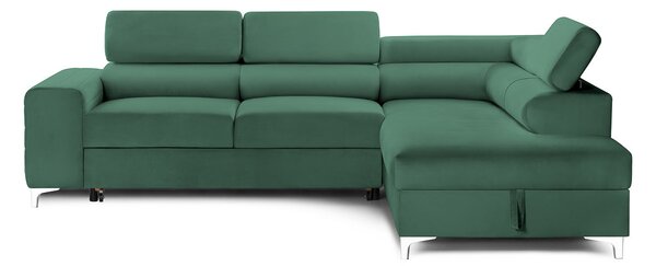 Colțar Extensibil TIME NEW, cu lada depozitare, tetiere reglabile, 285x220x95 cm, Verde-Padure-Velluto / Dreapta