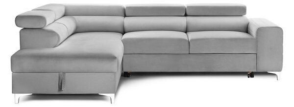 Colțar Extensibil TIME NEW, cu lada depozitare, tetiere reglabile, 285x220x95 cm, Gri-Silver-Velluto / Stanga