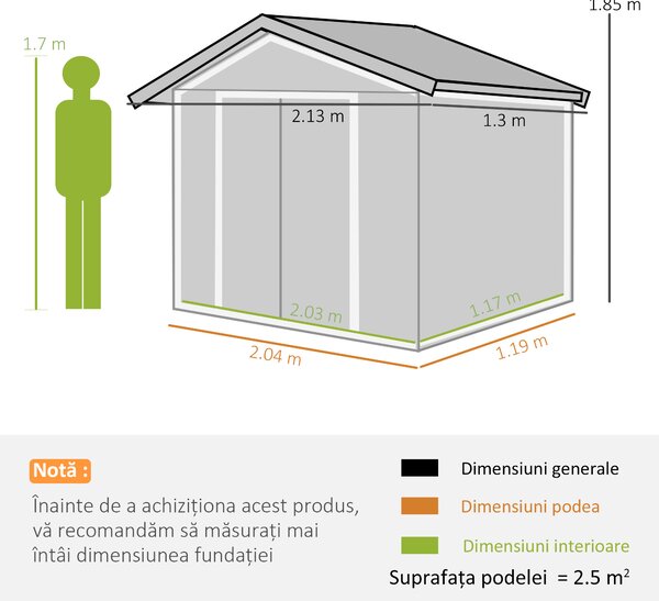 Outsunny Magazie de Grădină pentru Unelte din Tablă de Oțel cu Uși Culisante, 213x130x185 cm, Verde | Aosom Romania