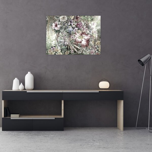 Tablou - Flori pe roata de lemn (70x50 cm)