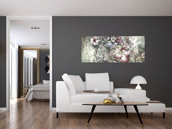 Tablou - Flori pe roata de lemn (120x50 cm)