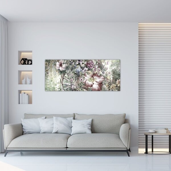 Tablou - Flori pe roata de lemn (120x50 cm)
