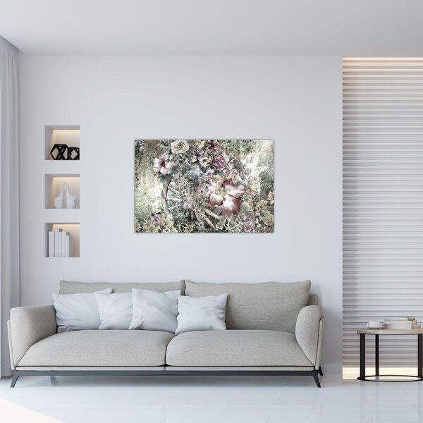 Tablou - Flori pe roata de lemn (90x60 cm)