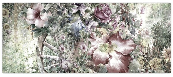 Tablou - Flori pe roata de lemn (120x50 cm)