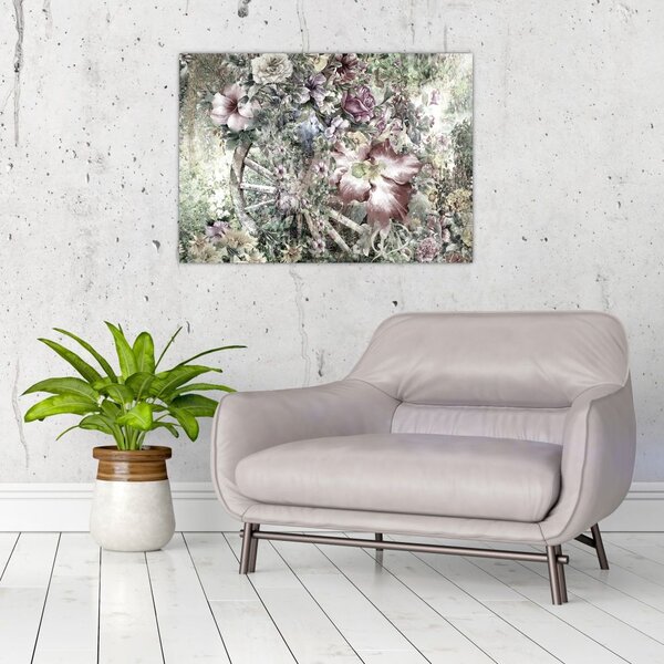 Tablou - Flori pe roata de lemn (70x50 cm)