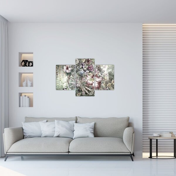 Tablou - Flori pe roata de lemn (90x60 cm)