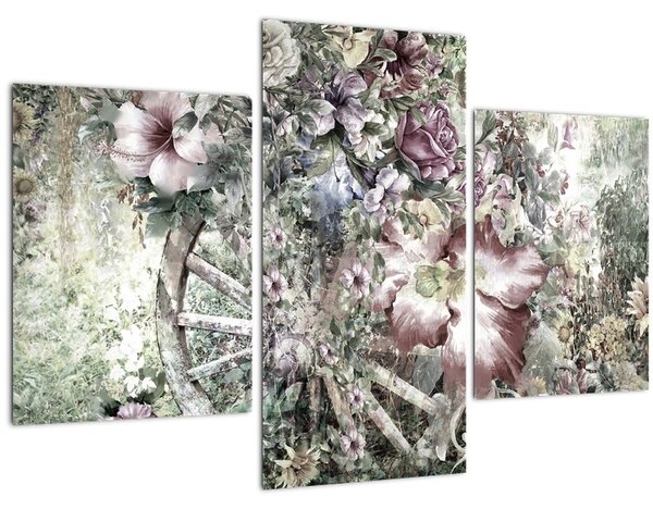 Tablou - Flori pe roata de lemn (90x60 cm)
