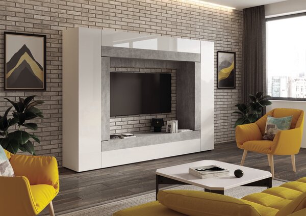 Mobilier living Warsa (Alb + Alb lucios + beton). Promo -14%. 1069342