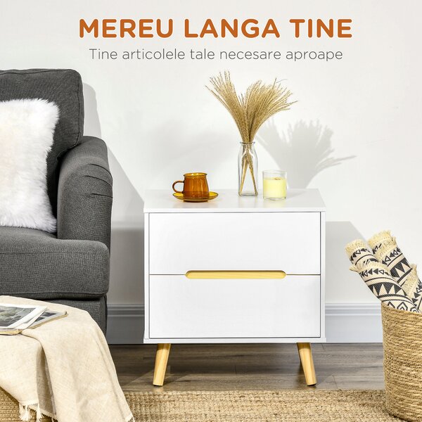 HOMCOM Noptieră Modernă cu 2 Sertare Masă Laterală Picioare Lemn Masiv pentru Dormitor sau Living 50x40x50.5cm | Aosom Romania