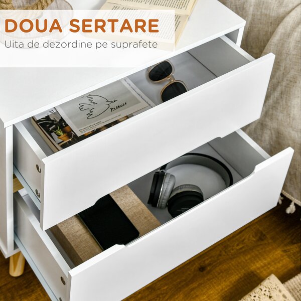 HOMCOM Noptieră Modernă cu 2 Sertare Masă Laterală Picioare Lemn Masiv pentru Dormitor sau Living 50x40x50.5cm | Aosom Romania