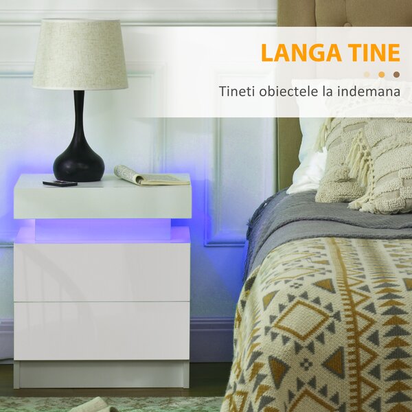 Noptiera alba HOMCOM cu lumina LED RGB, noptiera frontala lucioasa cu 2 sertare, pentru camera de zi, dormitor | Aosom RO