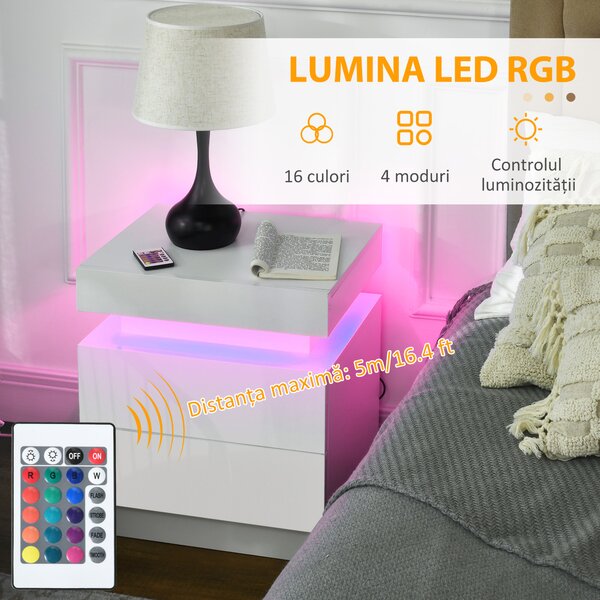 Noptiera alba HOMCOM cu lumina LED RGB, noptiera frontala lucioasa cu 2 sertare, pentru camera de zi, dormitor | Aosom RO