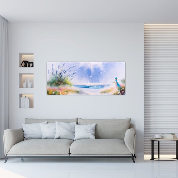 Tablou - Plaja romantică, pictură în ulei (120x50 cm)
