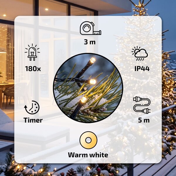 BRILAGI - Ghirlandă LED de exterior pentru Crăciun, 180 LED, 8 m, IP44, alb cald