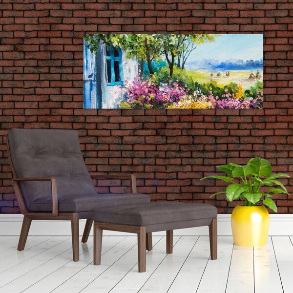 Tablou - Grădina din fața casei, pictură în ulei (120x50 cm)