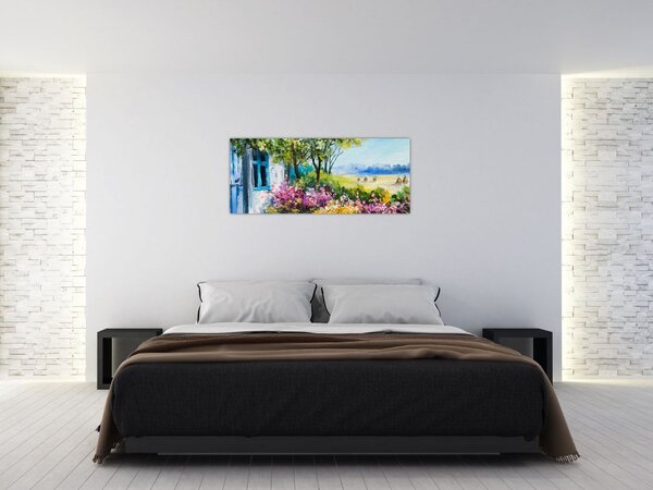 Tablou - Grădina din fața casei, pictură în ulei (120x50 cm)