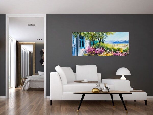 Tablou - Grădina din fața casei, pictură în ulei (120x50 cm)