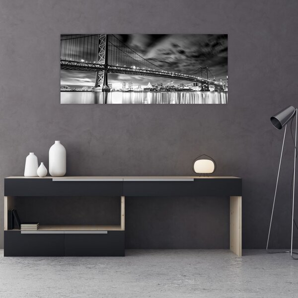 Tablou - Podul Benjamin Franklin, Philadelphia, alb-negru (120x50 cm)