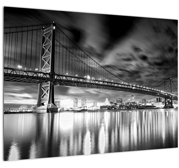 Tablou pe sticlă - Podul Benjamin Franklin, Philadelphia, alb-negru (70x50 cm)
