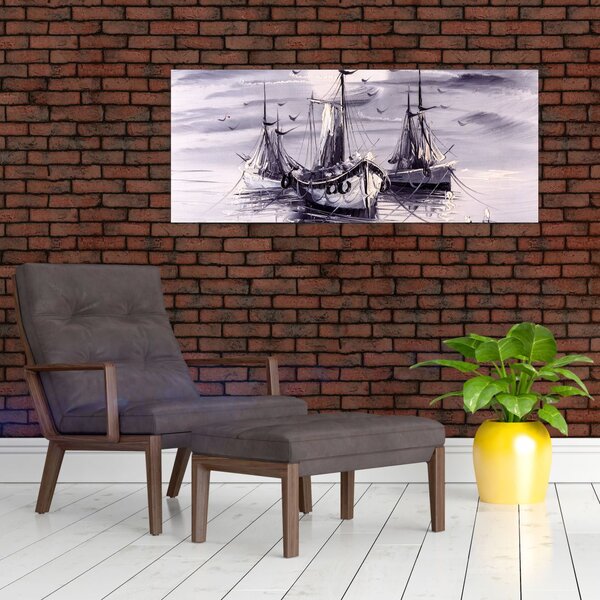 Tablou - Port marin, pictură în ulei (120x50 cm)