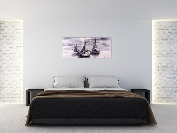 Tablou - Port marin, pictură în ulei (120x50 cm)