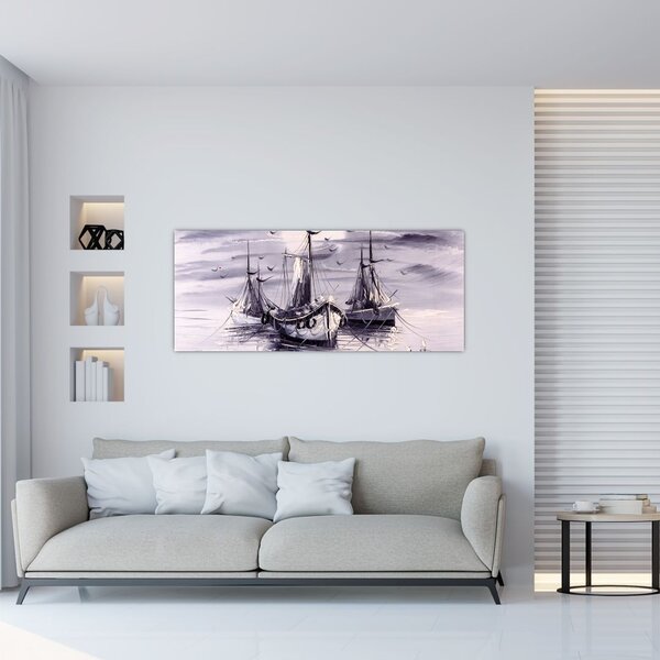 Tablou - Port marin, pictură în ulei (120x50 cm)