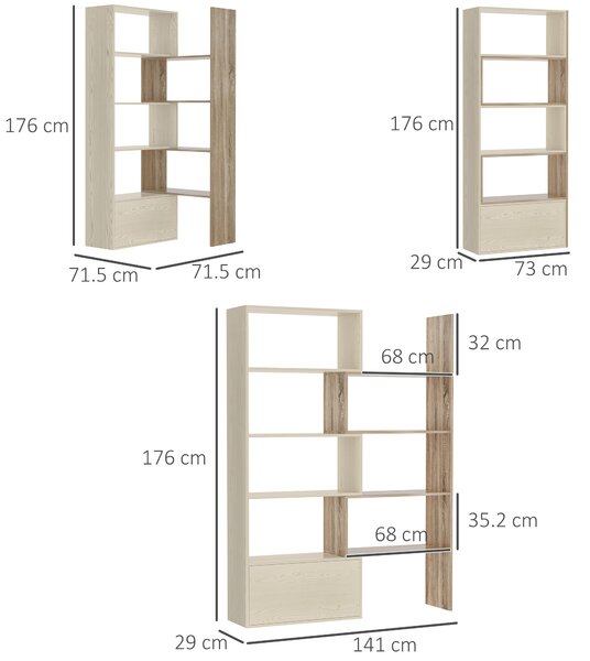 Librarie Rastel cu Rafturi pentru Salon in Lemn 141 x 29 x 176 cm Alb, Stejar HOMCOM | Aosom Romania