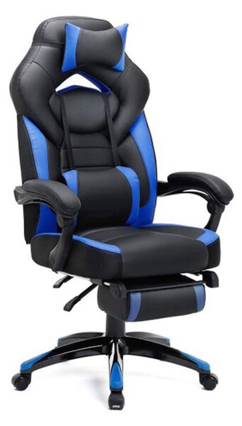 Scaun de birou/gaming cu spatar inalt, Albastru+Negru