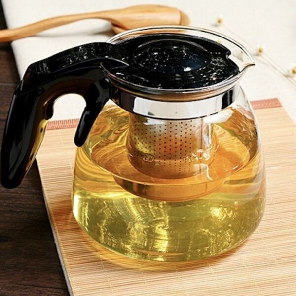 Ceainic din sticla Pufo cu filtru metalic, 900 ml, transparent- design elegant pentru infuzie perfecta de ceai