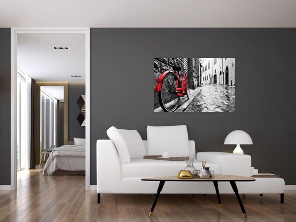 Tablou - Bicicleta roșie pe o stradă pavată (90x60 cm)