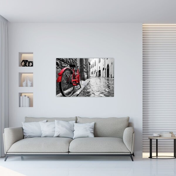 Tablou - Bicicleta roșie pe o stradă pavată (90x60 cm)