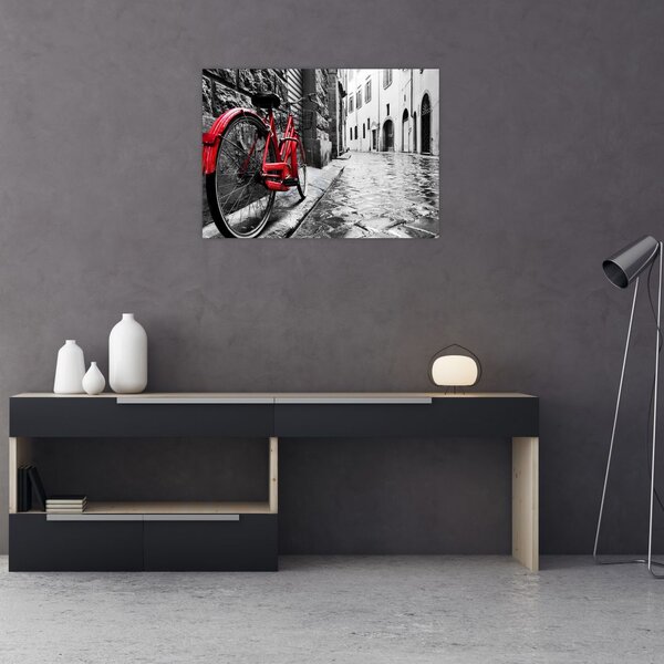 Tablou - Bicicleta roșie pe o stradă pavată (70x50 cm)