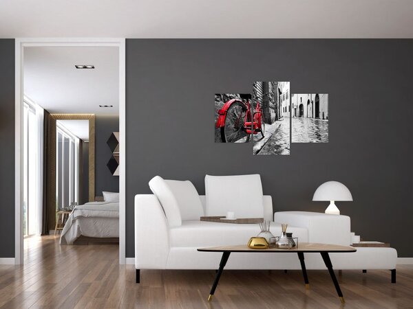 Tablou - Bicicleta roșie pe o stradă pavată (90x60 cm)