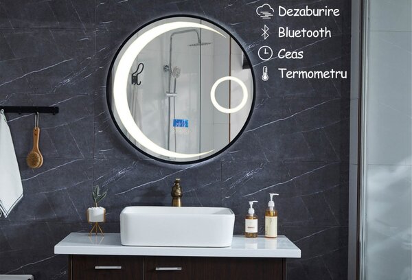 Oglinda de baie cu iluminare Led, Diametru 58.5cm, D3301/Functii dezaburire, Bluetooth, Ceas, Termometru