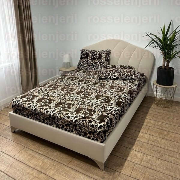 Husa de pat, 2 persoane, cocolino, 3 piese, cu elastic, 180x200cm, maro si crem, cu pete, HPC112