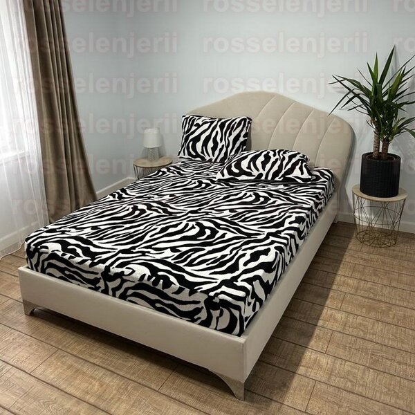 Husa de pat, 2 persoane, cocolino, 3 piese, cu elastic, 180x200cm, alb si negru, imprimeu zebra, HPC116
