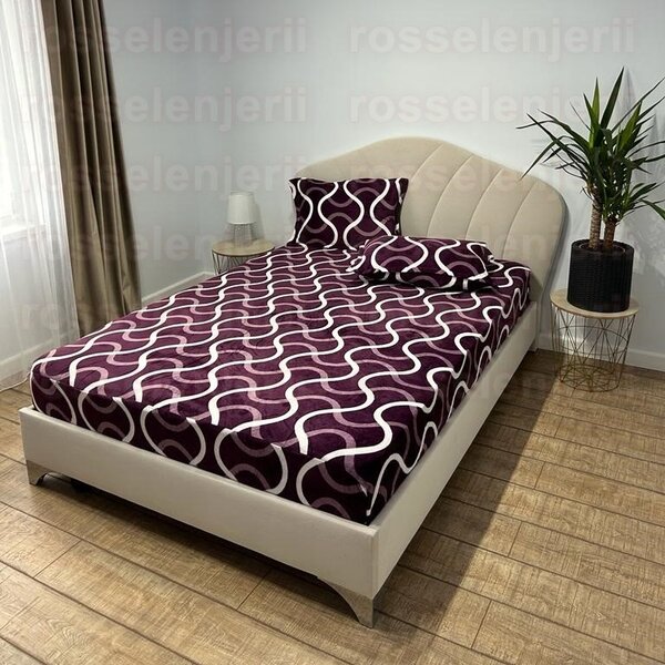 Husa de pat, 2 persoane, cocolino, 3 piese, cu elastic, 180x200cm, mov , cu linii albe, HPC101