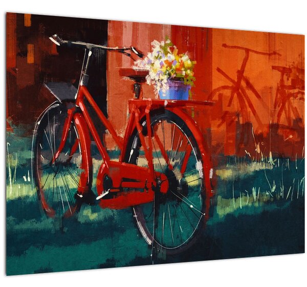 Tablou pe sticlă - Bicicleta roșie, pictură acrilică (70x50 cm)