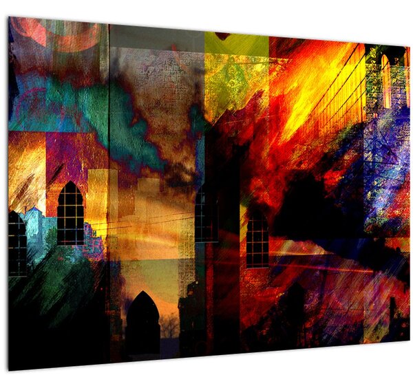 Tablou pe sticlă - Oraș colorat, abstracție (70x50 cm)