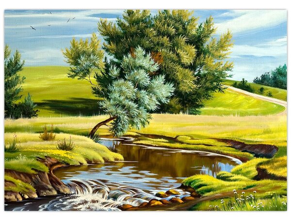 Tablou - Râu între câmpii, pictură în ulei (70x50 cm)