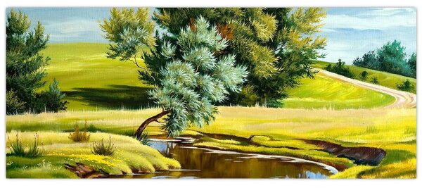 Tablou - Râu între câmpii, pictură în ulei (120x50 cm)