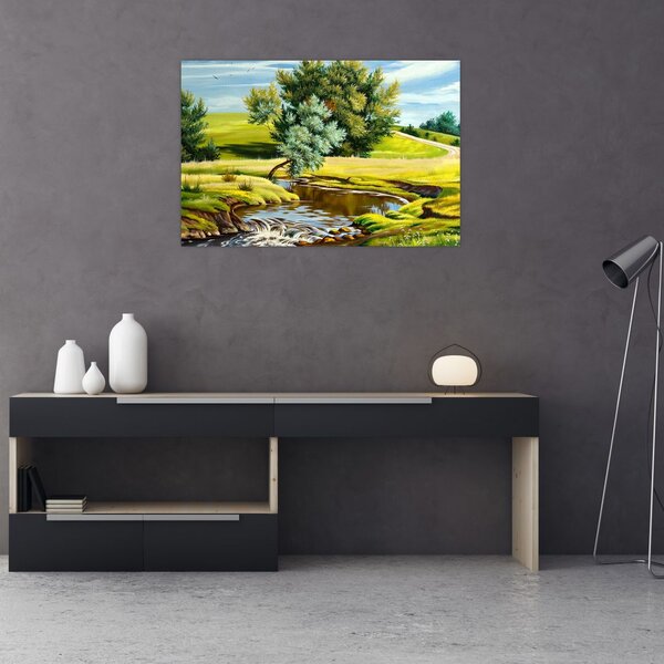 Tablou - Râu între câmpii, pictură în ulei (90x60 cm)