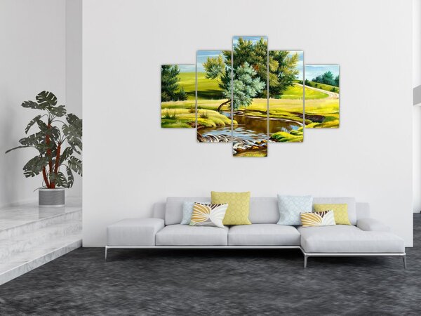 Tablou - Râu între câmpii, pictură în ulei (150x105 cm)
