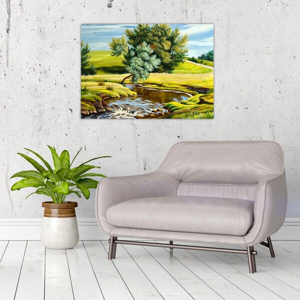 Tablou - Râu între câmpii, pictură în ulei (70x50 cm)