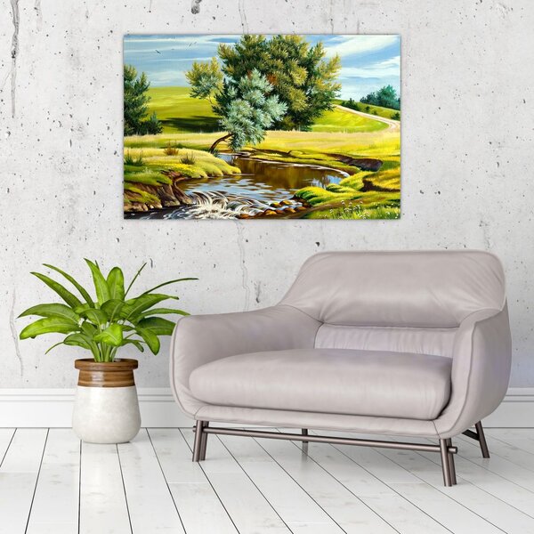 Tablou - Râu între câmpii, pictură în ulei (90x60 cm)