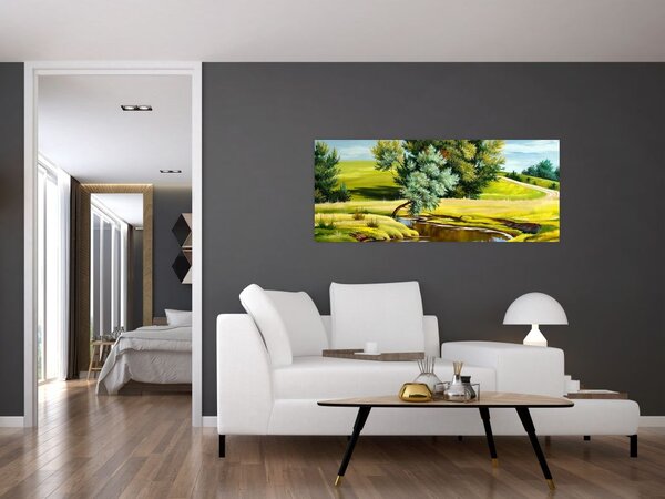 Tablou - Râu între câmpii, pictură în ulei (120x50 cm)