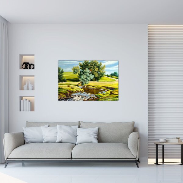 Tablou - Râu între câmpii, pictură în ulei (90x60 cm)