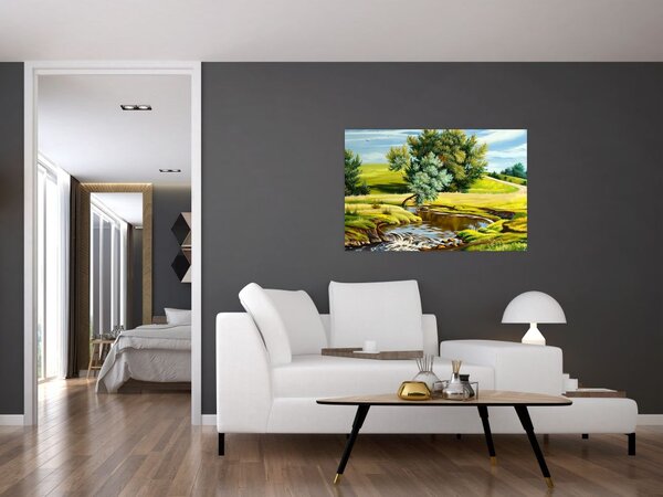 Tablou - Râu între câmpii, pictură în ulei (90x60 cm)