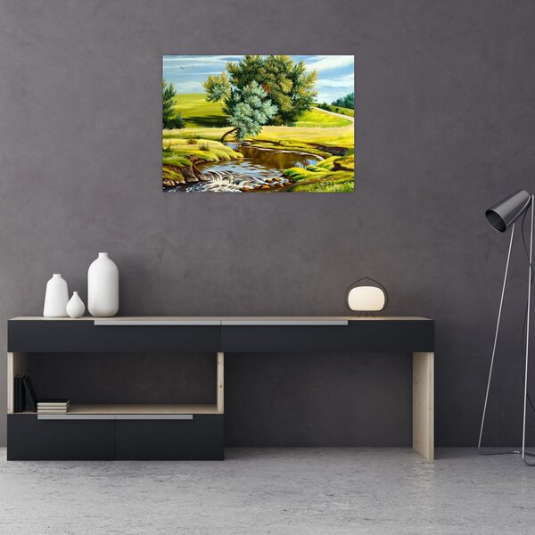Tablou - Râu între câmpii, pictură în ulei (70x50 cm)