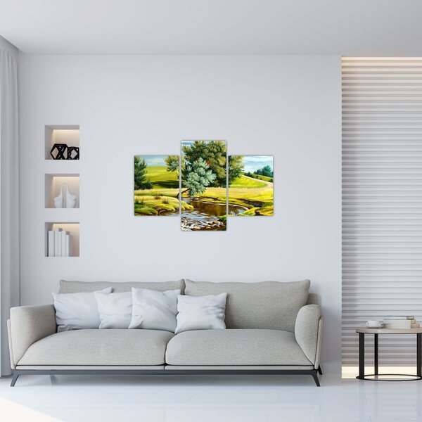 Tablou - Râu între câmpii, pictură în ulei (90x60 cm)